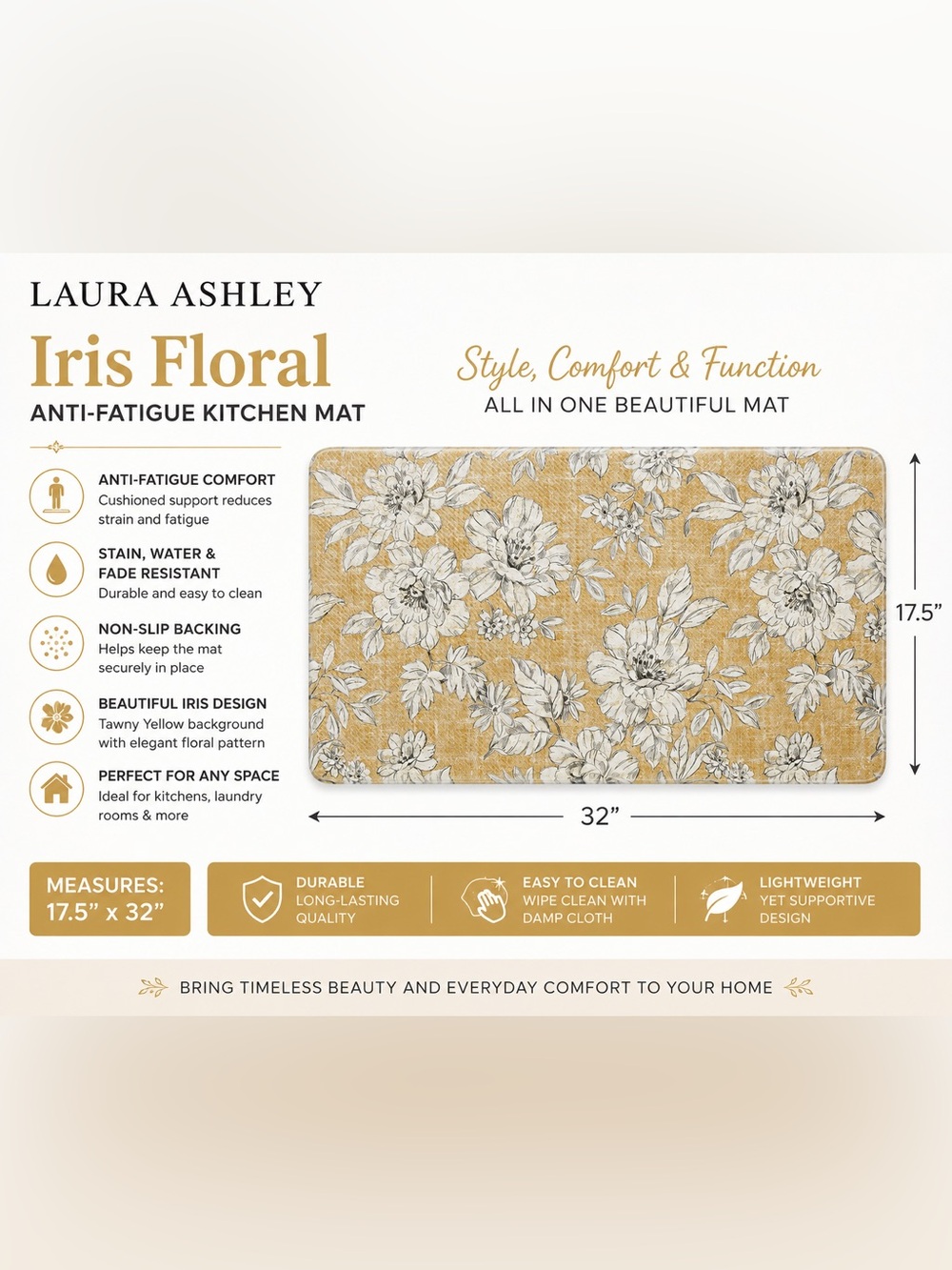 Laura Ashley Iris Floral Anti-Fatigue Kitchen Mat Tawny Yellow 17.5” x 32” NWT
